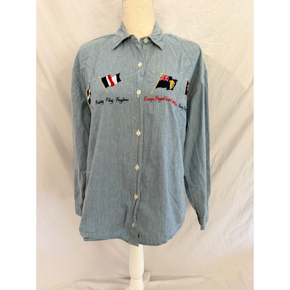 Coastline Tops - Vintage Coastline Button Down Womens Blue Embroidered Nautical Chambray Medium